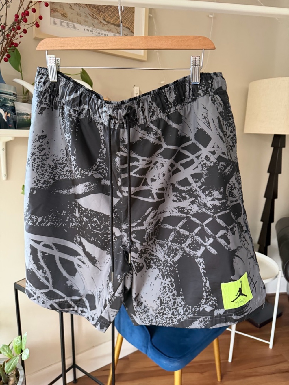 Jordan Black & Gray Abstract Athletic Shorts with Neon Green Logo Patch